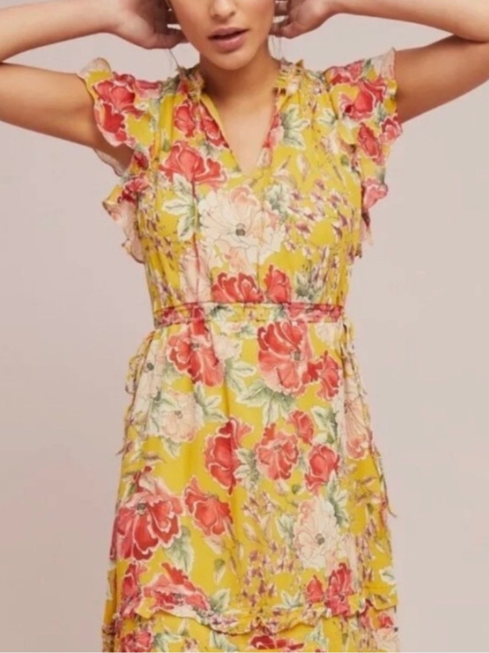dolan Yellow Floral V-Neck with Coral Blooms